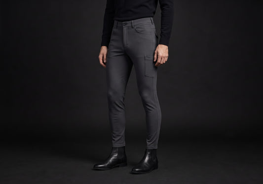 Velmurax men's riding breeches in charcoal, worn by a rider, seen from the ribcage down on the dark studio set