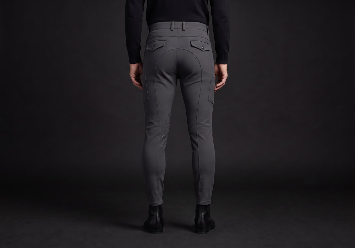 Velmurax men's riding breeches in charcoal, worn, seen from the back