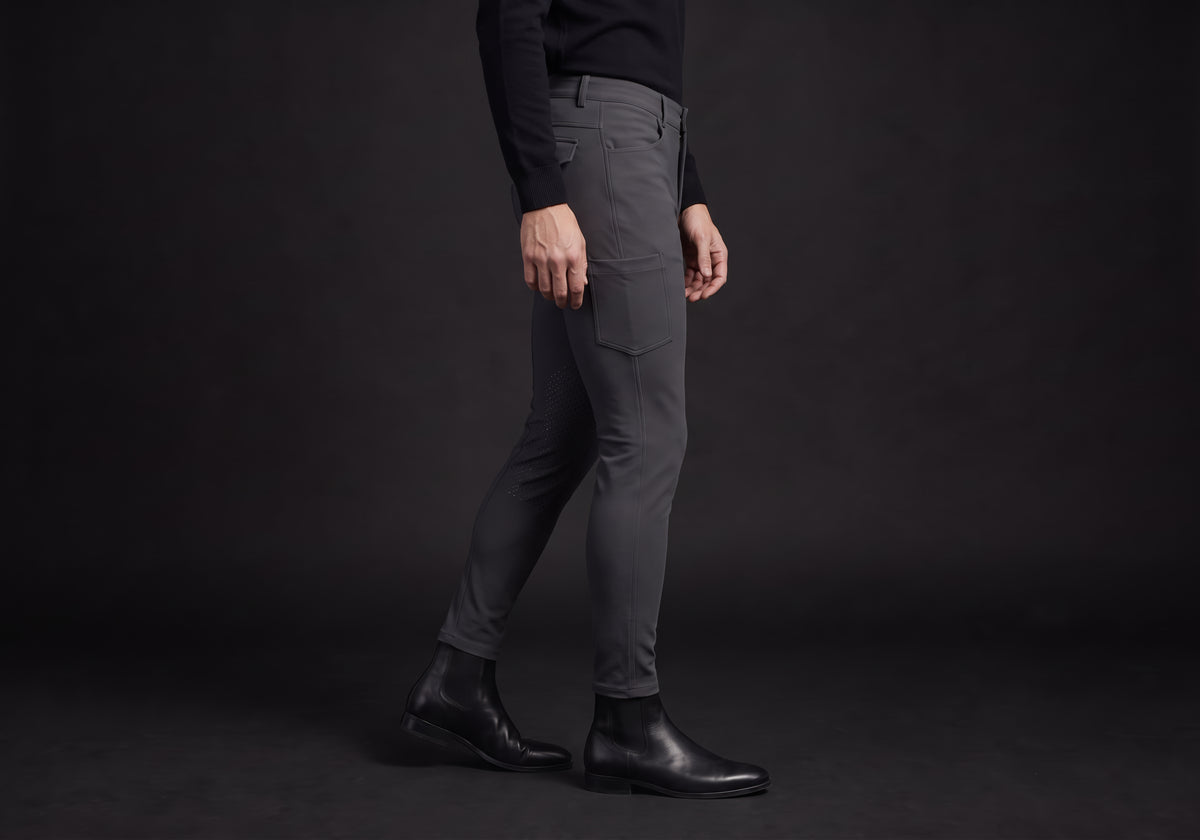 Velmurax men's riding breeches in charcoal, worn, in side profile