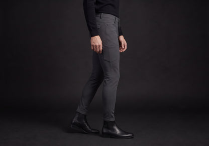 Velmurax men's riding breeches in charcoal, worn, in side profile