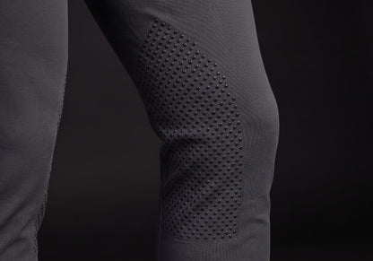 Velmurax men's riding breeches in charcoal, the grip on the inner leg up close