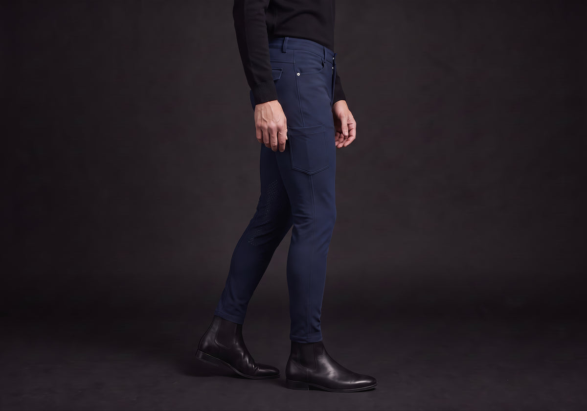 Velmurax men's riding breeches in navy, worn, in side profile