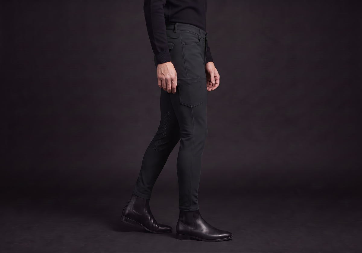 Velmurax men's riding breeches in black, worn, in side profile