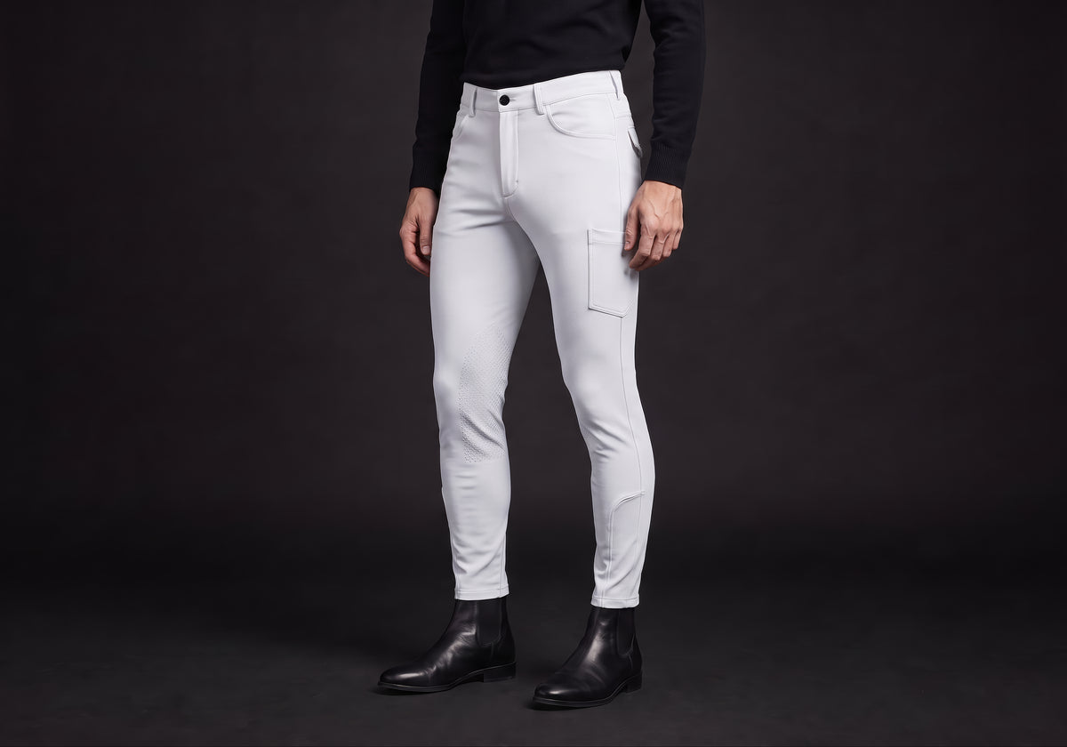 Velmurax men's riding breeches in white, worn by a rider, seen from the ribcage down on the dark studio set