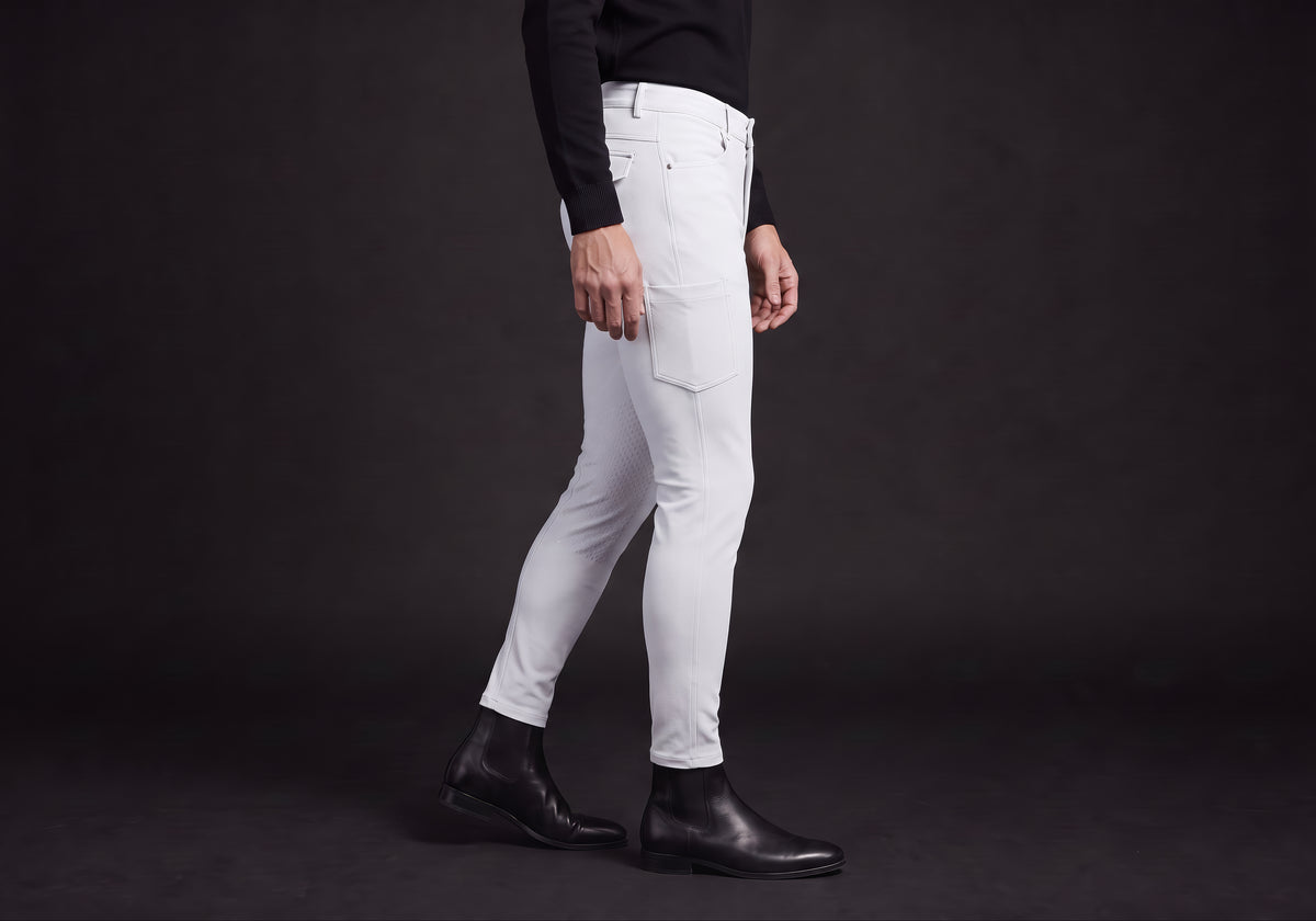 Velmurax men's riding breeches in white, worn, in side profile