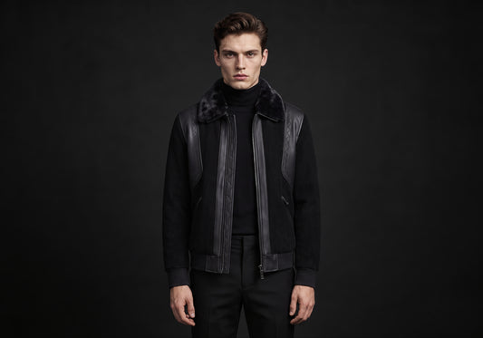 Velmurax men's short down jacket in black, worn by the model in a front view on the dark studio set