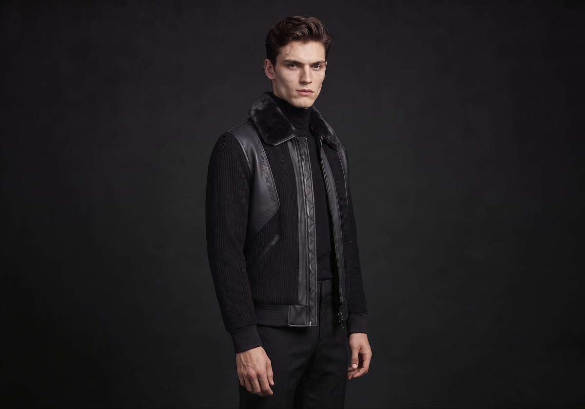 Velmurax men's short down jacket in black, in a three-quarter view on the model on the studio set