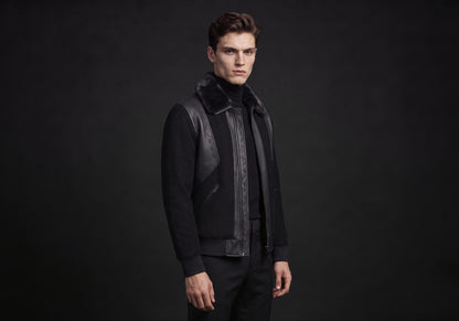 Velmurax men's short down jacket in black, in a three-quarter view on the model on the studio set