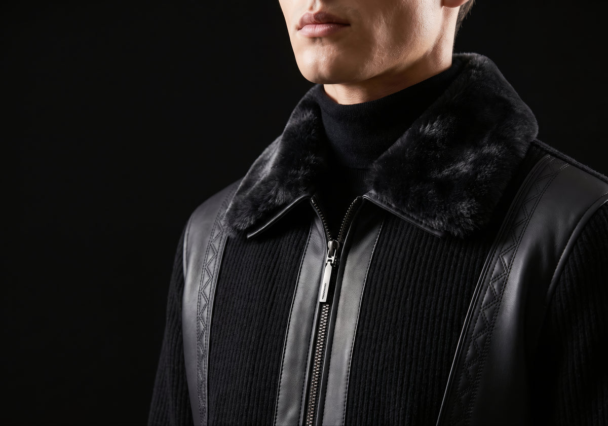 Velmurax men's short down jacket in black, in a close detail shot on the model