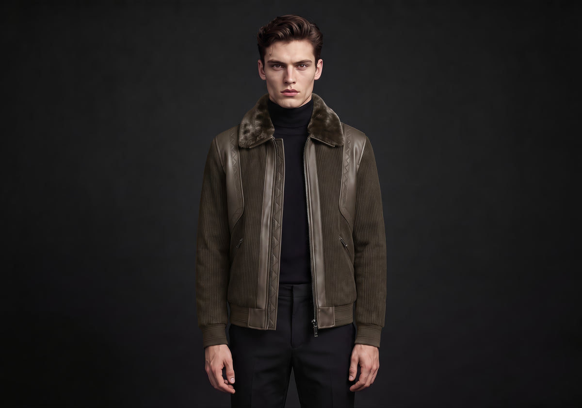 Velmurax men's short down jacket in coffee, worn by the model in a front view on the dark studio set