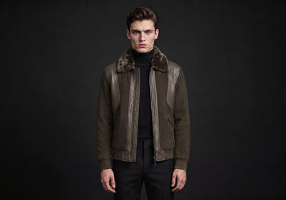 Velmurax men's short down jacket in coffee, worn by the model in a front view on the dark studio set