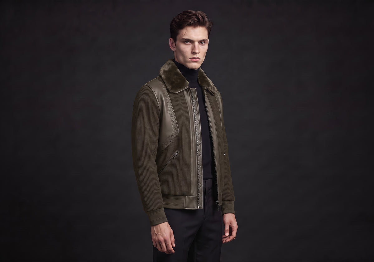 Velmurax men's short down jacket in coffee, in a three-quarter view on the model on the studio set