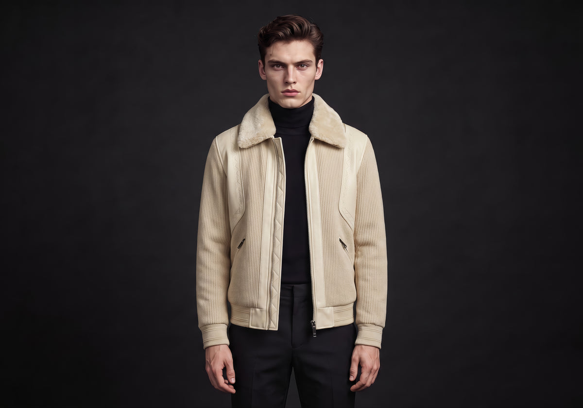 Velmurax men's short down jacket in cream, worn by the model in a front view on the dark studio set