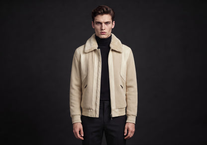 Velmurax men's short down jacket in cream, worn by the model in a front view on the dark studio set