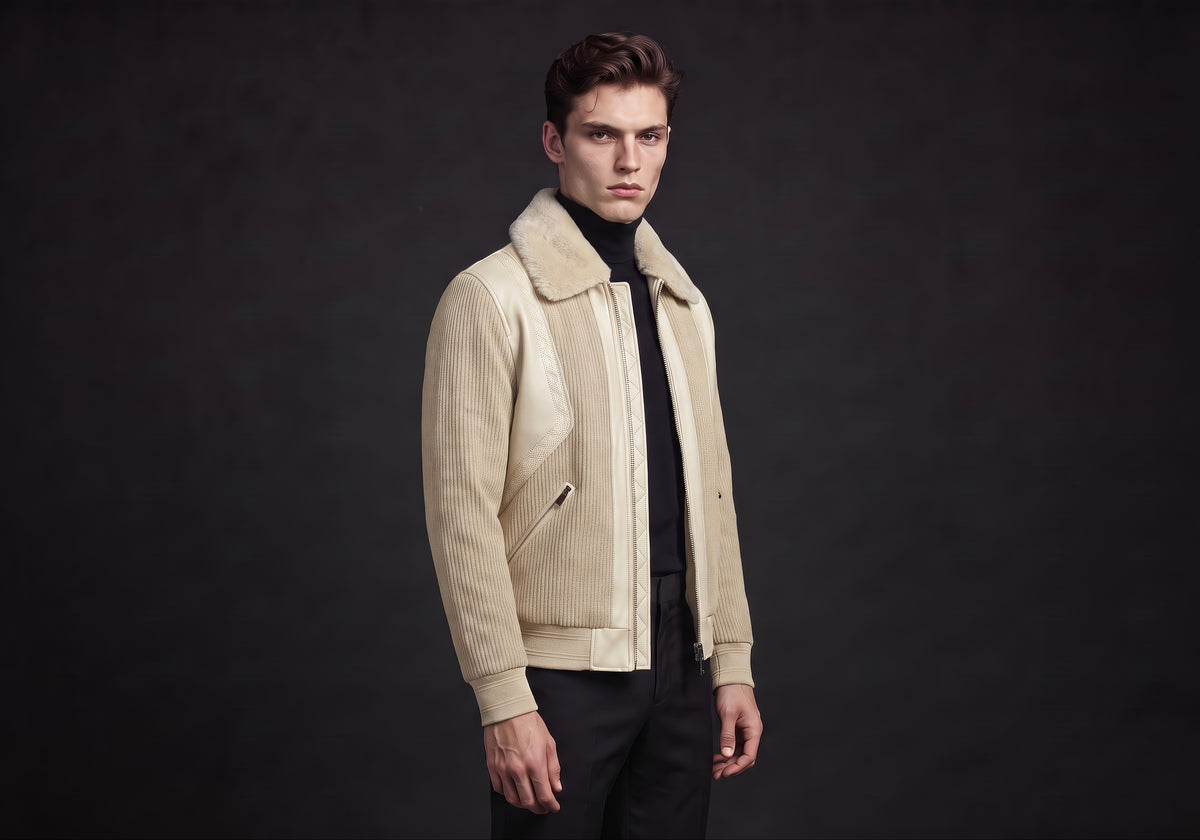 Velmurax men's short down jacket in cream, in a three-quarter view on the model on the studio set