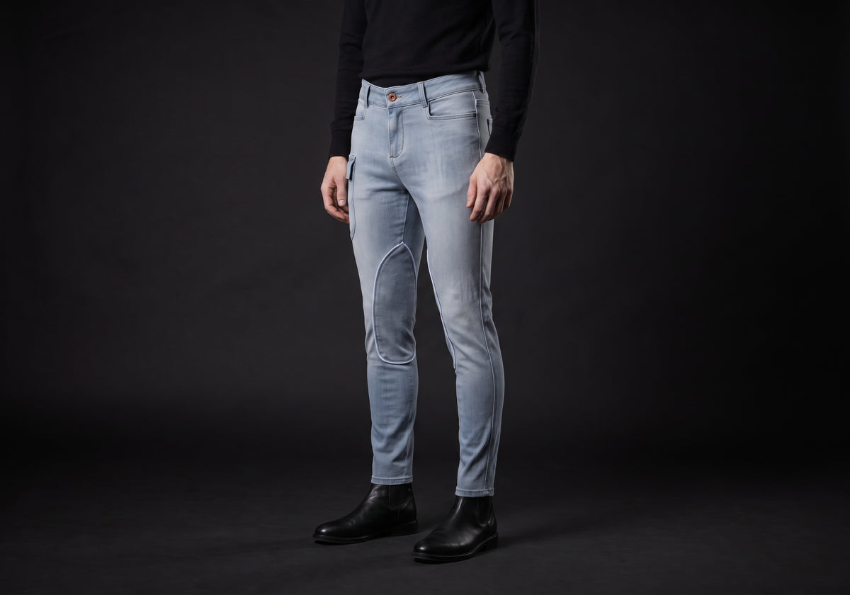 Velmurax men's stretch riding jodhpurs in light gray, worn by a rider, seen from the ribcage down on the dark studio set