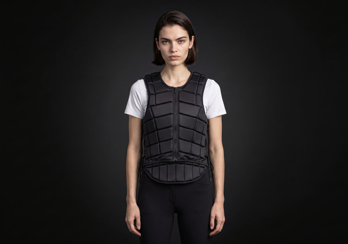Velmurax riding body vest in black, worn by the model in a front view on the dark studio set