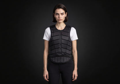 Velmurax riding body vest in black, worn by the model in a front view on the dark studio set