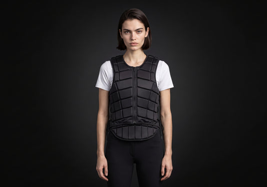 Velmurax riding body vest in black, worn by the model in a front view on the dark studio set