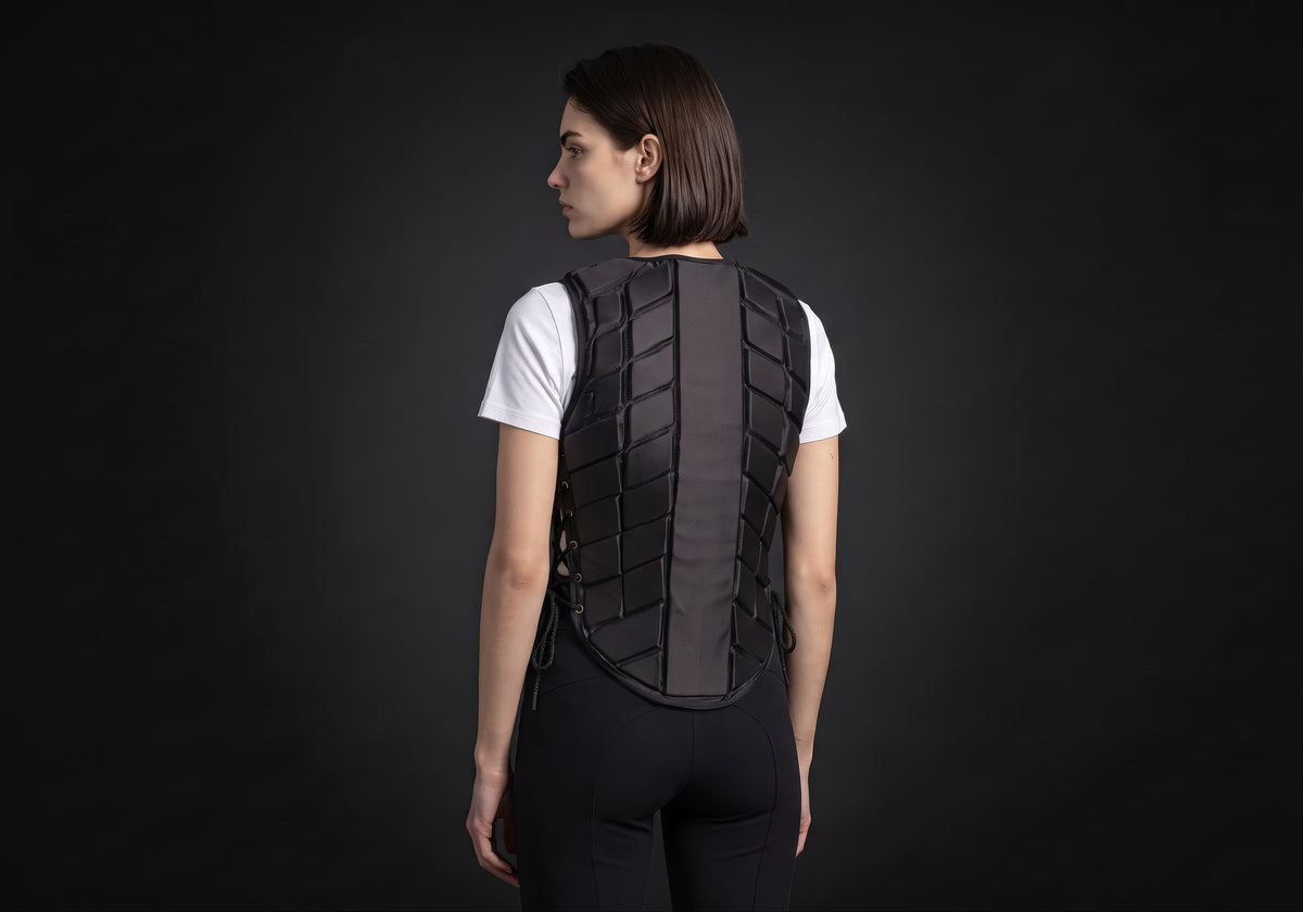 Velmurax riding body vest in black, seen from the back on the model, showing the back of the garment