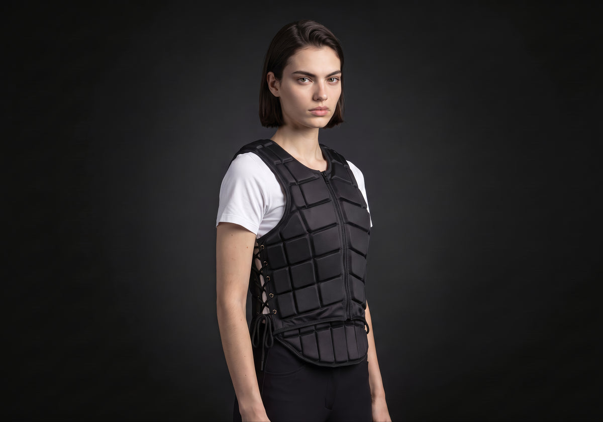 Velmurax riding body vest in black, in a three-quarter view on the model on the studio set