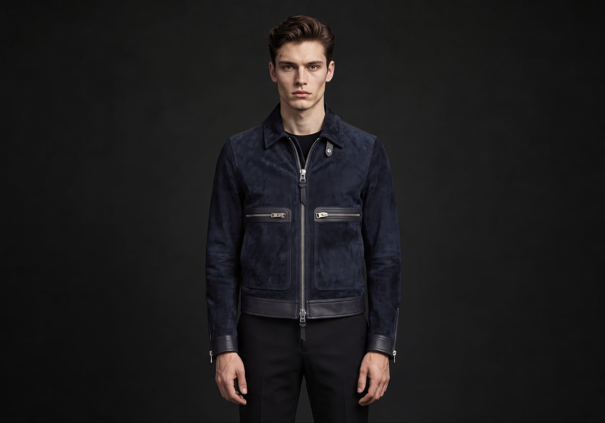 Velmurax short pilot jacket in navy, worn by the model in a front view on the dark studio set