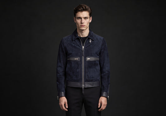 Velmurax short pilot jacket in navy, worn by the model in a front view on the dark studio set