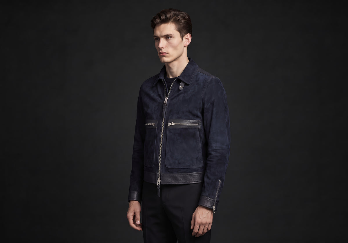 Velmurax short pilot jacket in navy, in a three-quarter view on the model on the studio set