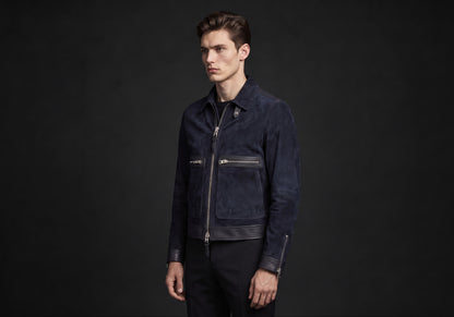 Velmurax short pilot jacket in navy, in a three-quarter view on the model on the studio set
