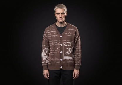 Velmurax text jacquard cardigan in brown, worn by the model in a front view on the dark studio set