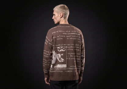 Velmurax text jacquard cardigan in brown, seen from the back on the model, showing the back of the garment