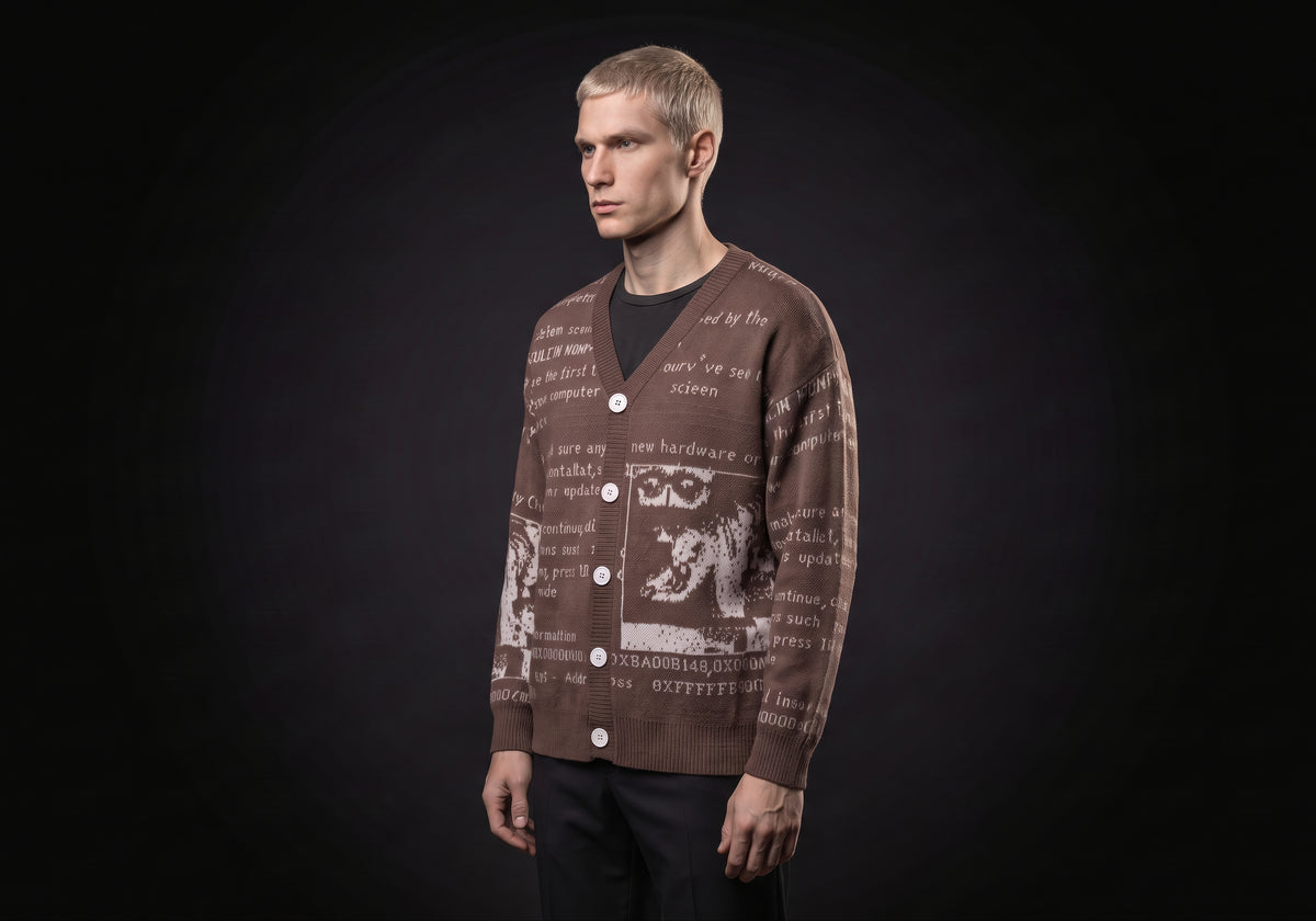 Velmurax text jacquard cardigan in brown, in a three-quarter view on the model on the studio set