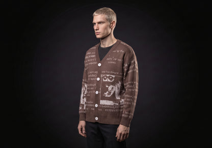 Velmurax text jacquard cardigan in brown, in a three-quarter view on the model on the studio set