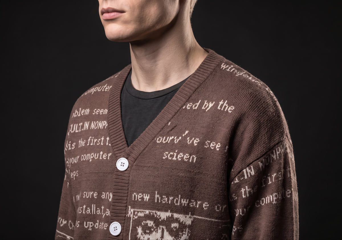 Velmurax text jacquard cardigan in brown, in a close detail shot on the model