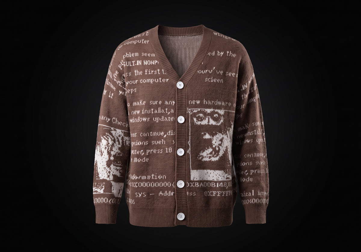 Velmurax text jacquard cardigan in brown, on its own on the dark studio set