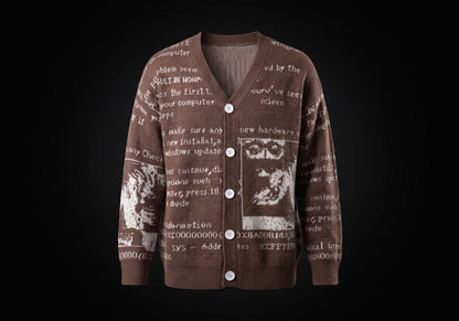 Velmurax text jacquard cardigan in brown, on its own on the dark studio set