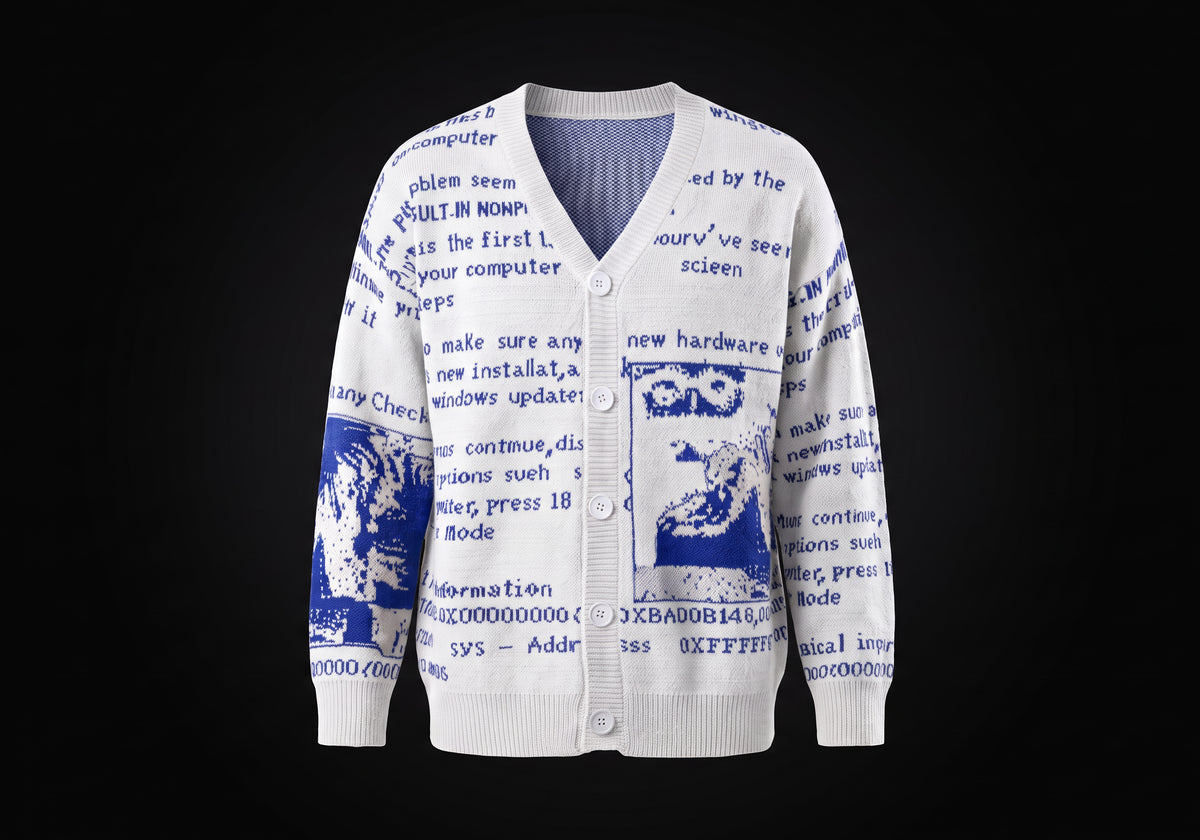 Velmurax text jacquard cardigan in white, on its own on the dark studio set