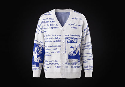 Velmurax text jacquard cardigan in white, on its own on the dark studio set