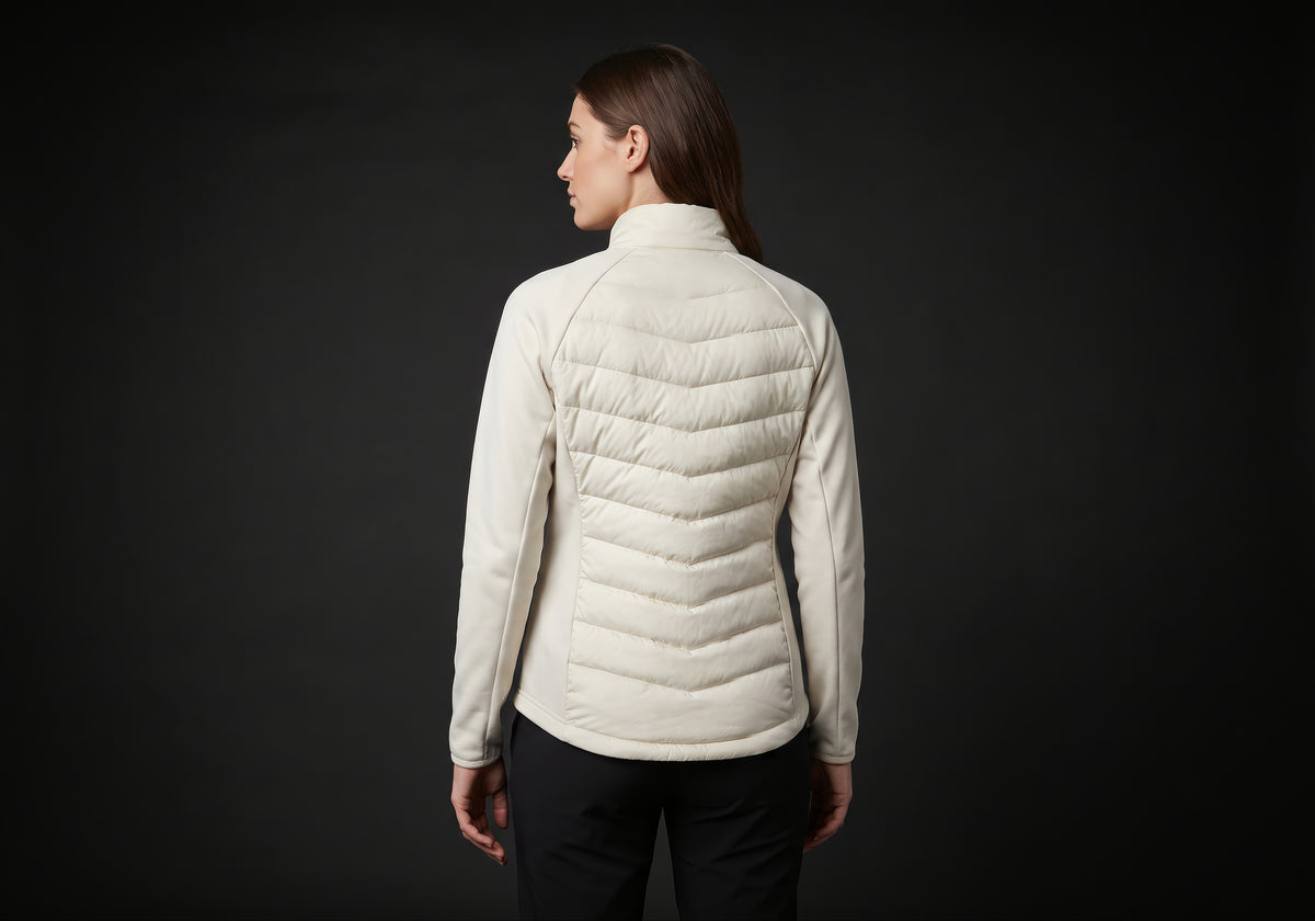 Velmurax women's down riding jacket in ivory, seen from the back on the model, showing the back of the garment