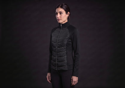 Velmurax women's down riding jacket in black, in a three-quarter view on the model on the studio set