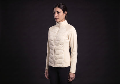 Velmurax women's down riding jacket in cream, in a three-quarter view on the model on the studio set