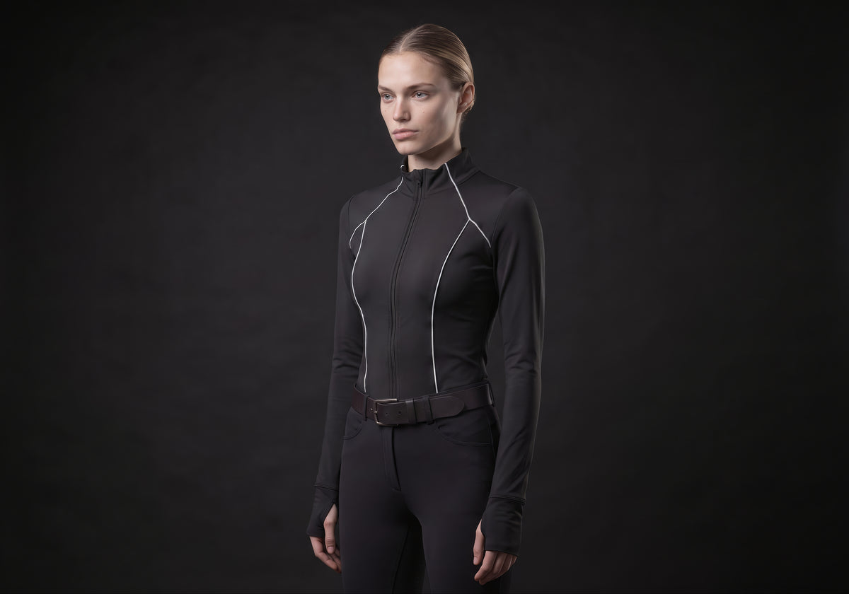 Velmurax women's long-sleeve riding top in black, in a three-quarter view on the model on the studio set