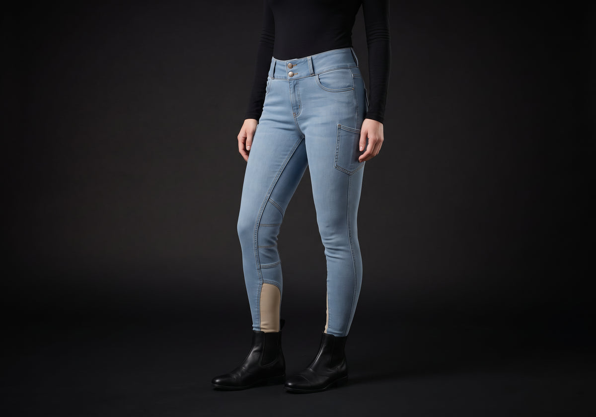 Velmurax women's high-waisted denim riding breeches in light blue, worn by a rider, seen from the ribcage down on the dark studio set