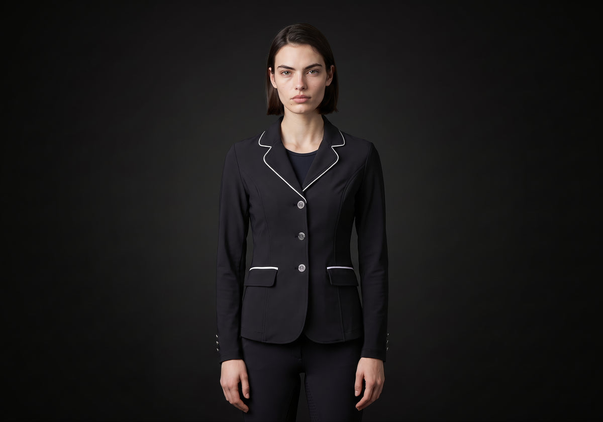 Velmurax women's show jacket in black, worn by the model in a front view on the dark studio set