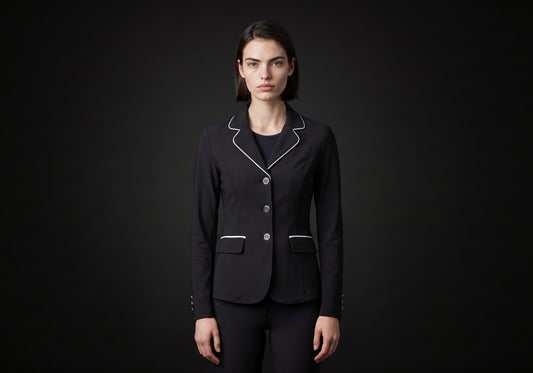Velmurax women's show jacket in black, worn by the model in a front view on the dark studio set