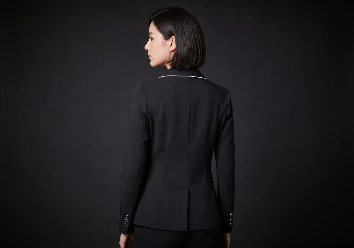 Velmurax women's show jacket in black, seen from the back on the model, showing the back of the garment