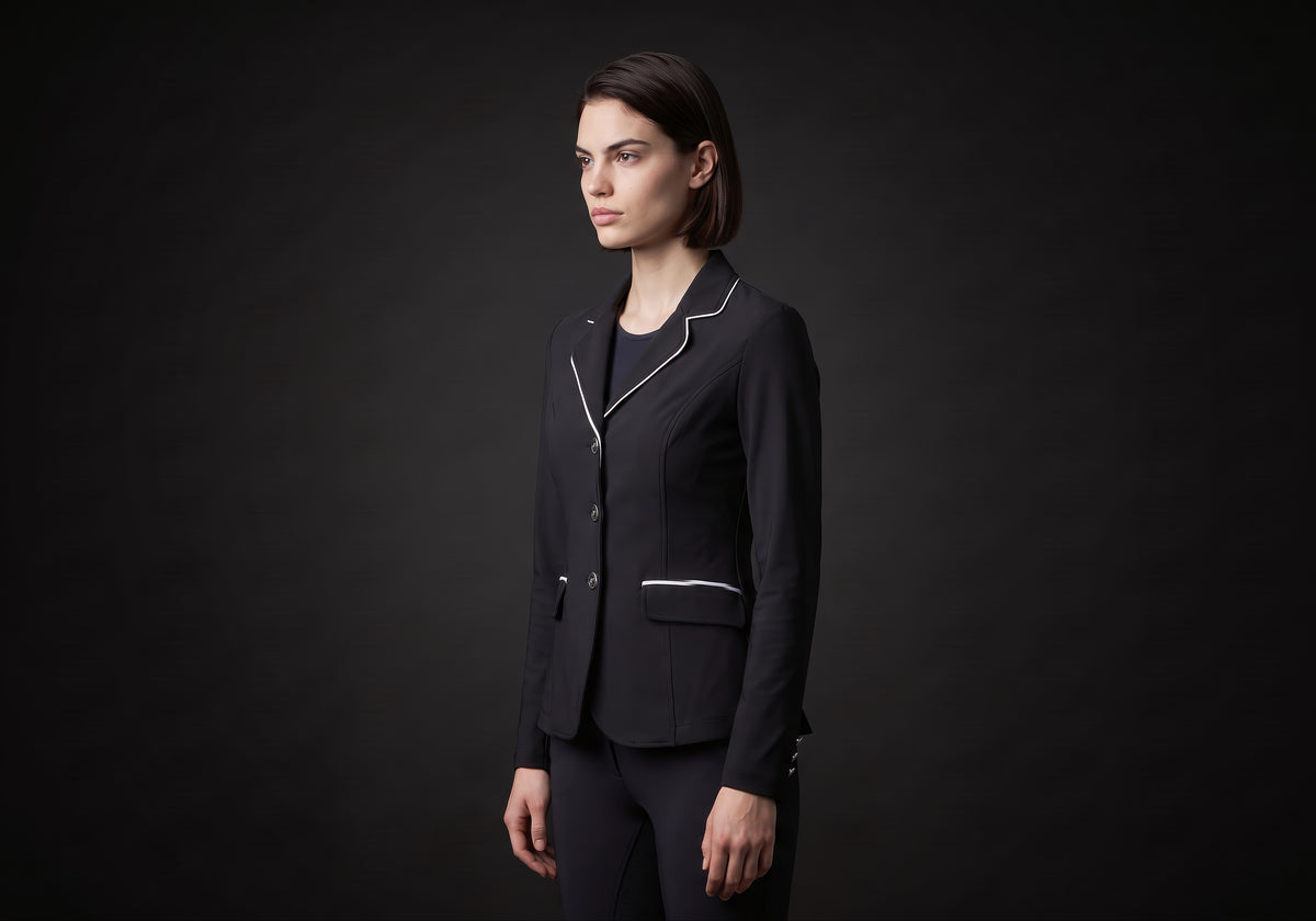 Velmurax women's show jacket in black, in a three-quarter view on the model on the studio set