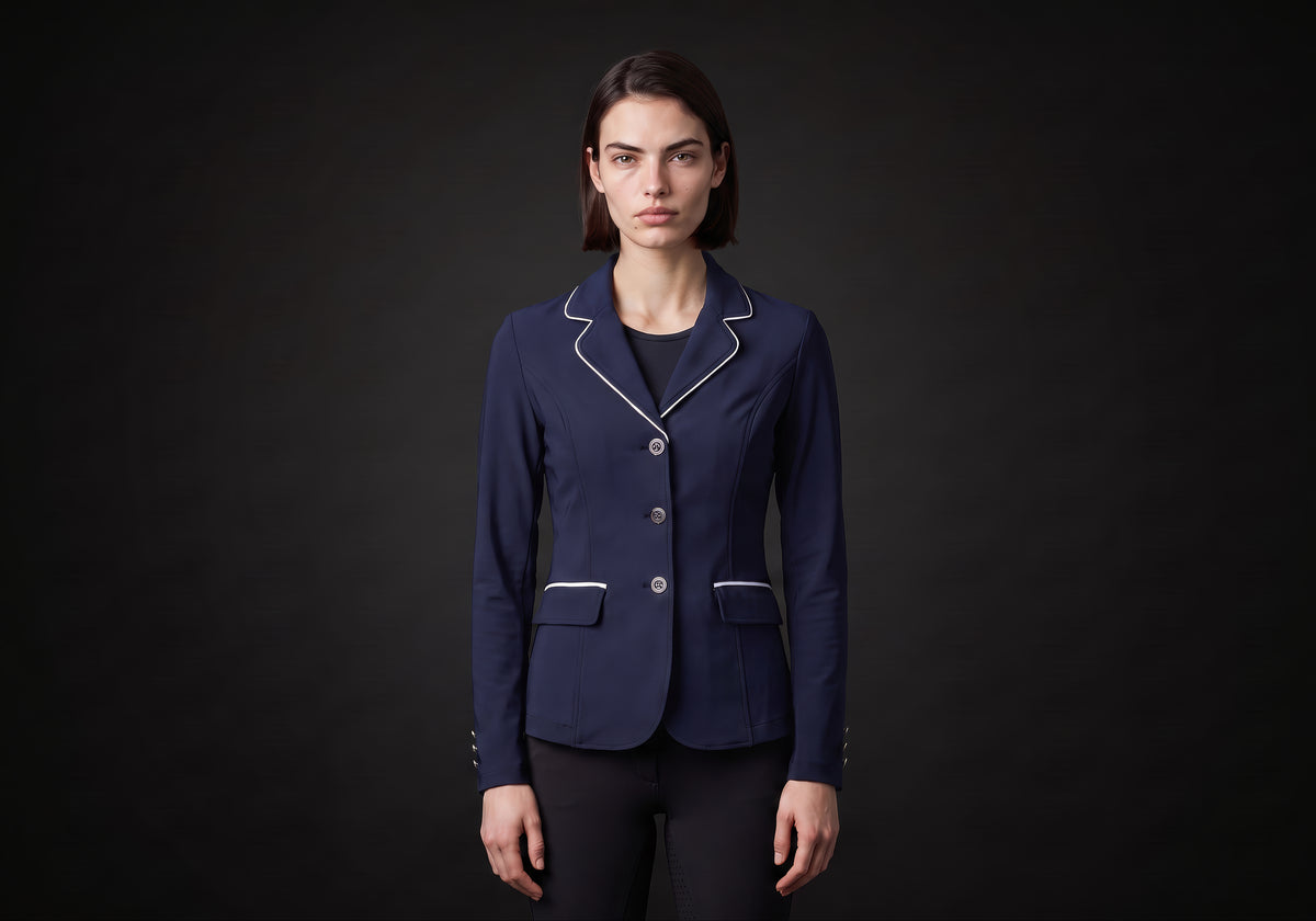 Velmurax women's show jacket in navy, worn by the model in a front view on the dark studio set