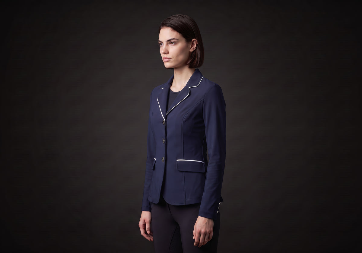 Velmurax women's show jacket in navy, in a three-quarter view on the model on the studio set