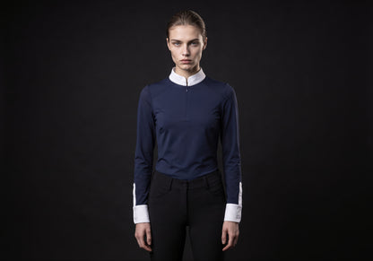 Velmurax women's show shirt in navy, worn by the model in a front view on the dark studio set